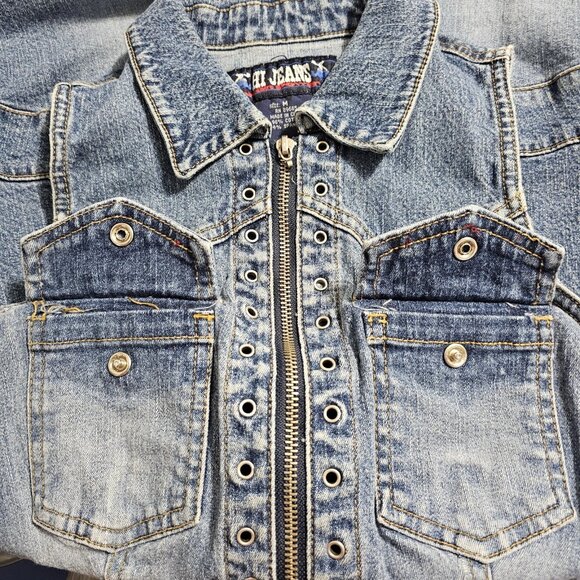 Vintage Y2K Denim Romper Medium Blue Drop Waist Belt Loops Snap Button Pockets - Picture 8 of 12